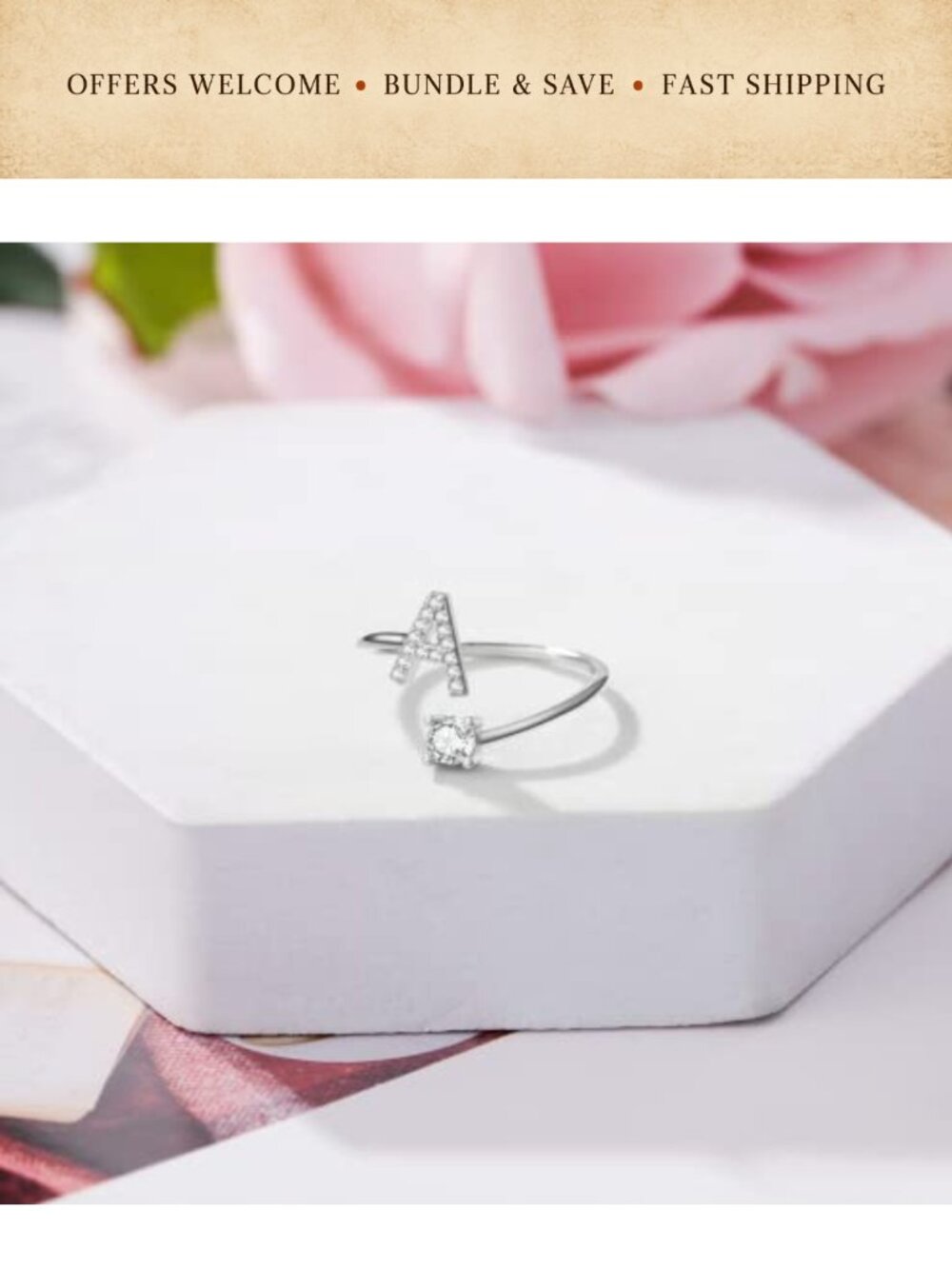 Silver Copper Initial Letter Ring Adjustable Stackable Crystal Inlaid Gift - Picture 3 of 6